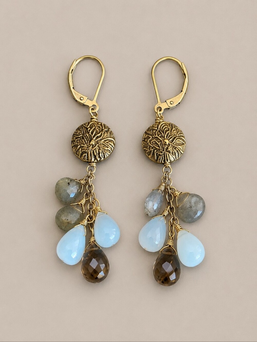 Vtg Brass Moonstone Labrodite Dangle Drop Leverback Hook Earrings